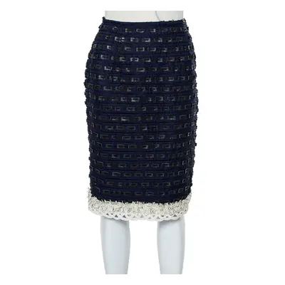 Oscar de la Renta Navy Blue Synthetic & Faux Leather Trim Pencil Skirt