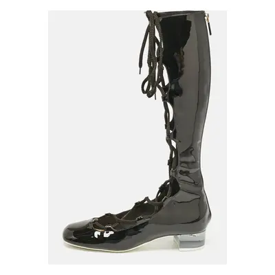 Dior Black Patent Leather Lace Up Knee Length Boots Size 37.5