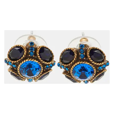 Oscar de la Renta Blue Crystal Gold Tone Stud Earrings