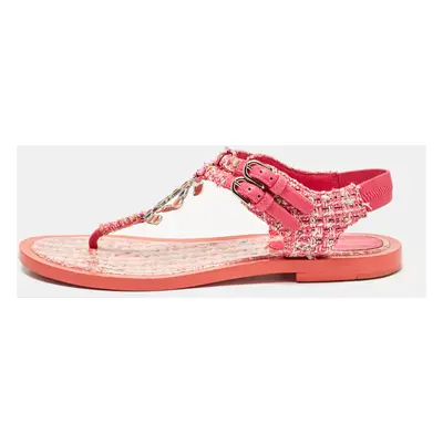 Chanel Pink Tweed Embellished CC Thong Flat Sandals Size 38.5