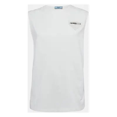 Prada White Cotton Knit Zip Detail Sleeveless Top