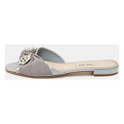 Miu Miu Light Blue Satin And Canvas Knot Crystal Embellished Slide Sandals Size