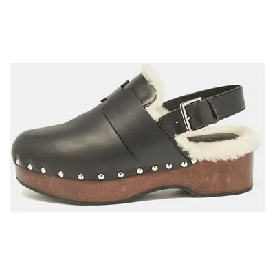 Hermes Black Leather and Shearling Carlotta Clogs Size