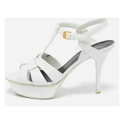 Saint Laurent White Lizard Embossed Leather Tribute Platform Sandals Size