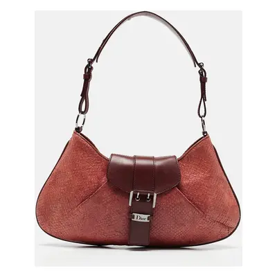 Dior Burgundy Snakeskin and Leather Buckle Flap Shoulder Bag