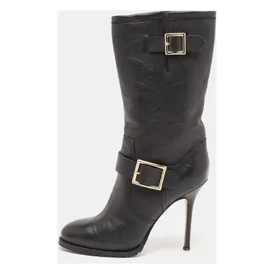 Jimmy Choo Black Leather Buckle Mid Calf Boots Size 37.5