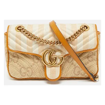 Gucci Cream/Orange Stripe GG Raffia and Leather Small GG Marmont Shoulder Bag