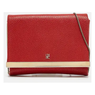 Carolina Herrera Red Leather Metal Flap Chain Clutch