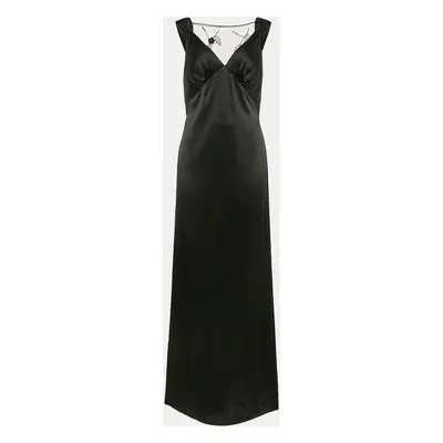 Nicole Bakti Black Satin Embroidery Detail Sleeveless Maxi Dress