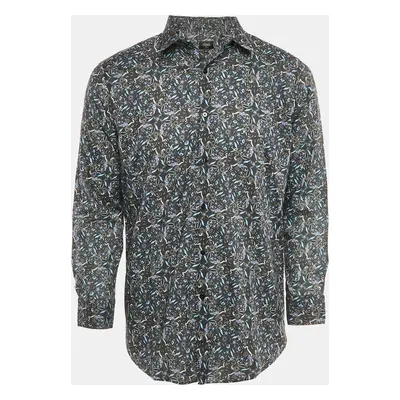 Fendi Navy Blue Floral Print Cotton Button Front Shirt