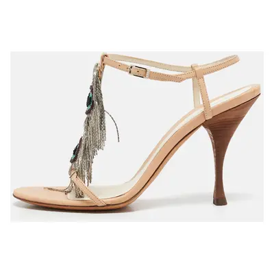 Fendi Beige Leather Embellished Ankle Strap Sandals Size