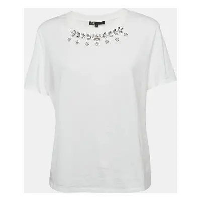 Maje White Studded Cotton Round Neck T-Shirt