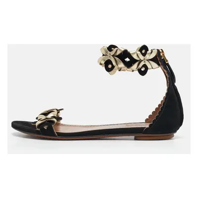 Alaia Black/Gold Leather and Suede Ankle Strap Flat Sandals Size