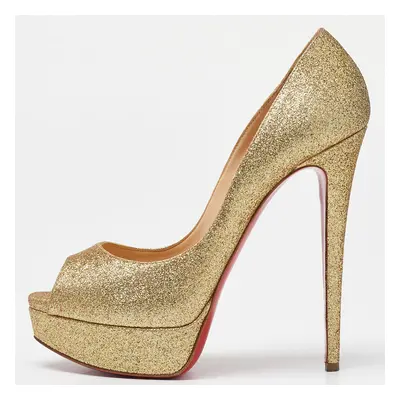 Christian Louboutin Gold Glitter Lady Peep Toe Platform Pumps Size 38.5