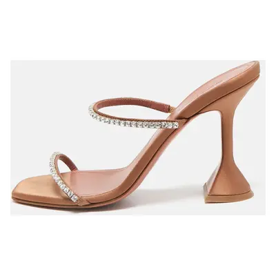 Amina Muaddi Beige Satin Crystal Embellished Gilda Slide Sandals Size