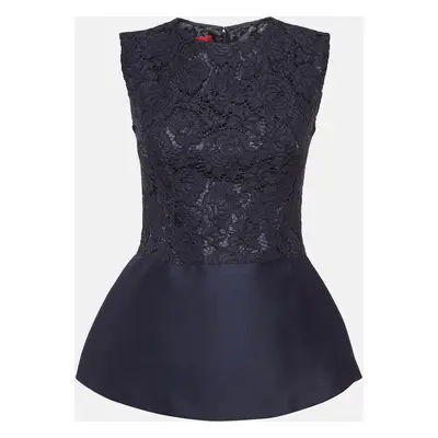 CH Carolina Herrera Blue Lace and Crepe Peplum Top