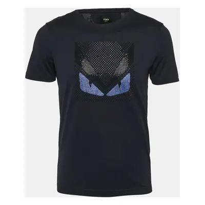 Fendi Navy Blue Crystal Monster Eyes Embellished Cotton T-Shirt