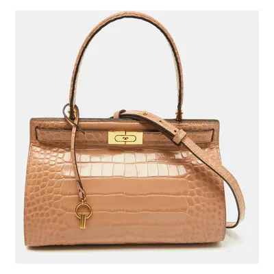 Tory Burch Beige Croc Embossed Leather Small Lee Radziwill Top Handle Bag