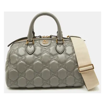 Gucci Grey Leather GG Matelassé Medium Bowler Bag