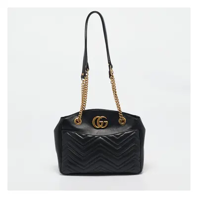 Gucci Black Matelasse Leather Medium GG Marmont Open Top Shoulder Bag