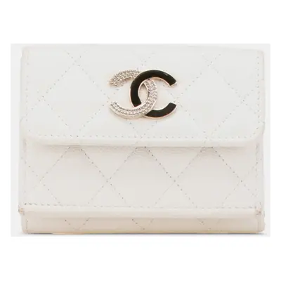 Chanel White CC Quilted Caviar Trifold Wallet