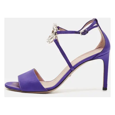 Gucci Purple Satin Crystal Embellished Interlocking G Ankle Strap Sandals Size