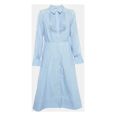 Self-Portrait Blue Cotton Lace Panel Detail Midi Shirt Dress