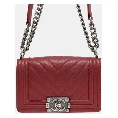 Chanel Red Chevron Quilted Caviar Small Boy Flap Bag