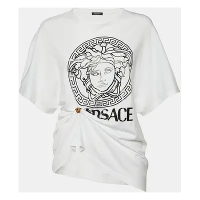 Versace White Logo Print Cotton Medusa Gathered Detail T-Shirt