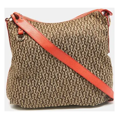 Aigner Beige/Orange Monogram Canvas and Leather Zip Crossbody Bag