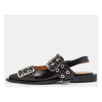 Ganni Black Leather Buckle Slingback Flats Size