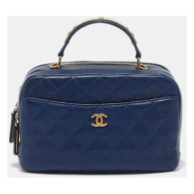 Chanel Blue Quilted Caviar Leather Carry Around Top Handle Bag