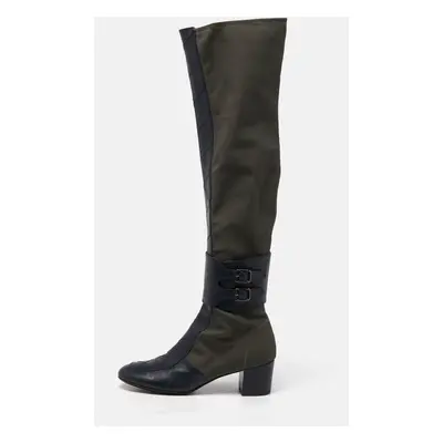 Laurence Dacade Blue/Olive Green Fabric and Quilted Leather Over The Knee Length Boots Size