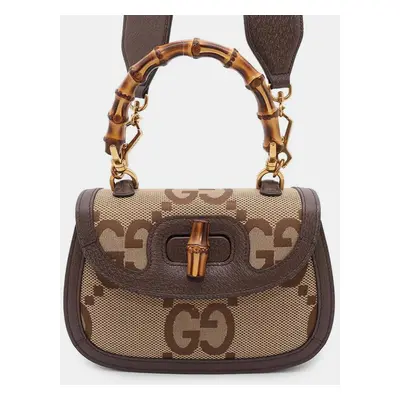 Gucci Brown Canvas Leather Bamboo Top Handle Bag