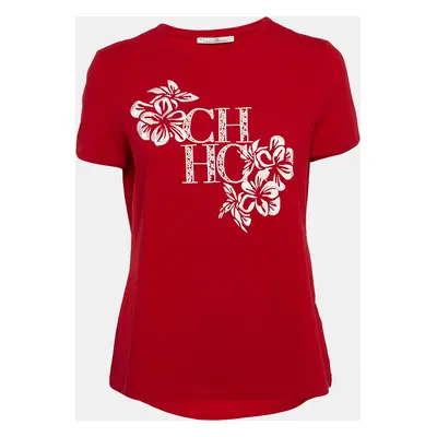 CH Carolina Herrera Red Cotton Floral Logo Embroidery T-Shirt