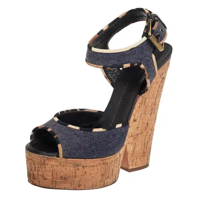 Giuseppe Zanotti Dark Wash Denim Cork Heel Platform Ankle Strap Sandals Size