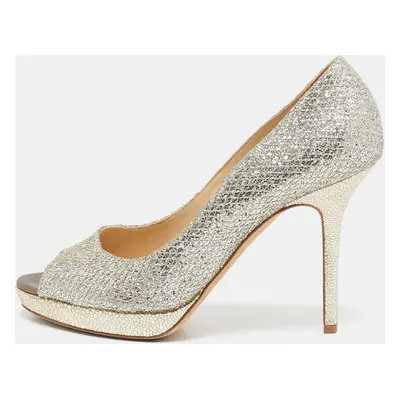 Jimmy Choo Silver Glitter Dahlia Peep Toe Pumps Size