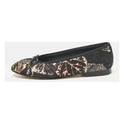 Chanel Black Printed Tweed CC Bow Ballet Flats Size