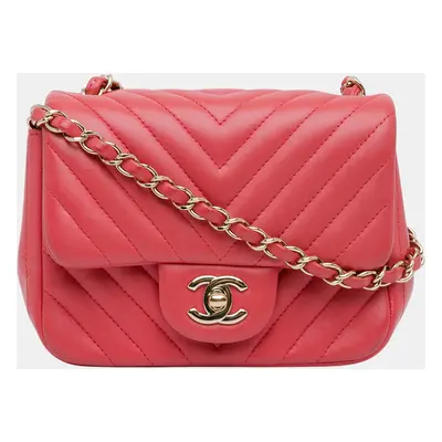 Chanel Red Mini Square Classic Chevron Lambskin Single Flap