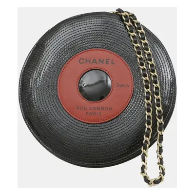 Chanel Black Red Patent Leather Record Chain Bag