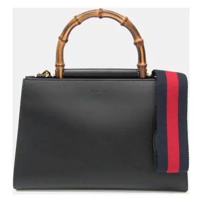 Gucci Nymphaea Leather Bamboo Handbag Shoulder Bag Black