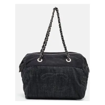 Chanel Dark Blue Quilted Denim Bowler Bag