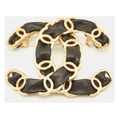 Chanel CC Leather Gold Tone Large Brooch