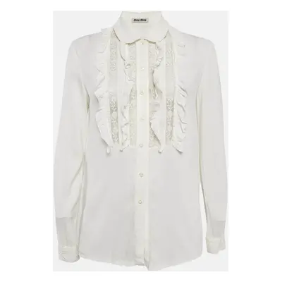 Miu Miu White Crepe Ruffled Lace Trim Detail Blouse