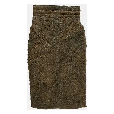 Burberry Prorsum Khaki Green Ruffled Leather Knee Length Skirt