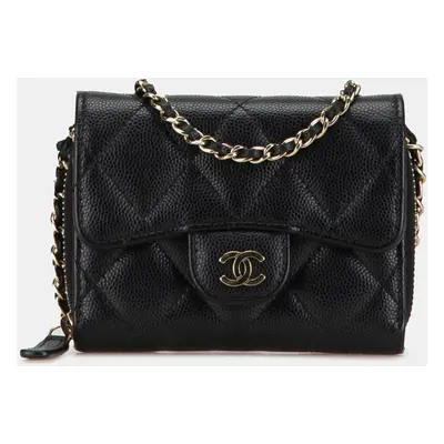 Chanel Black Classic Caviar Coin Pouch with Chain