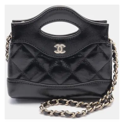 Chanel Black Shiny Lambskin Leather Quilted Mini Clutch With Chain