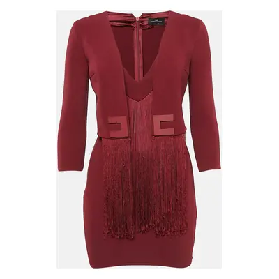 Elisabetta Franchi Burgundy Fringed Crepe Mini Dress