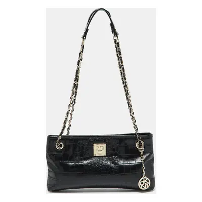 DKNY Black Croc Embossed Leather Shoulder Bag