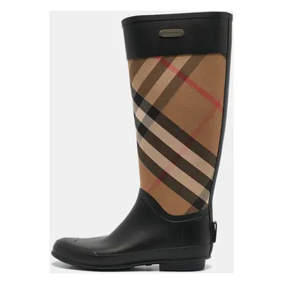 Burberry Beige/Black House Check Canvas and Rubber Clemence Rain Boots Size